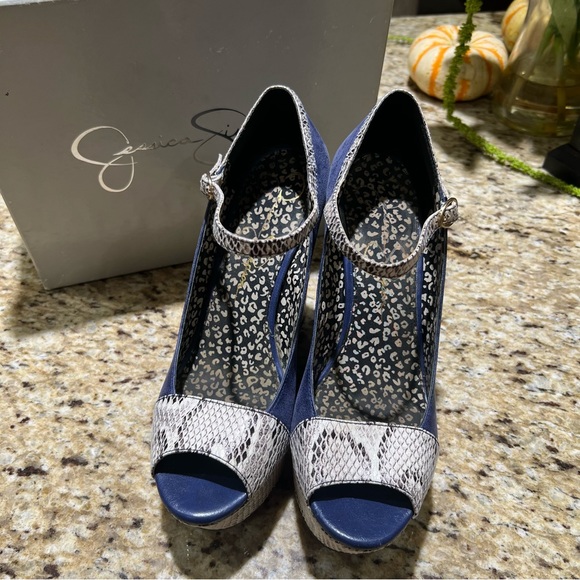 ❗️SALE❗️Jessica Simpson Royal Blue & Snakeskin Wedge Heels 9.5M - Picture 2 of 11